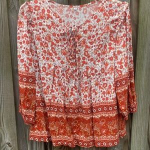 Red & White Floral Peasant Blouse in Extra Large
